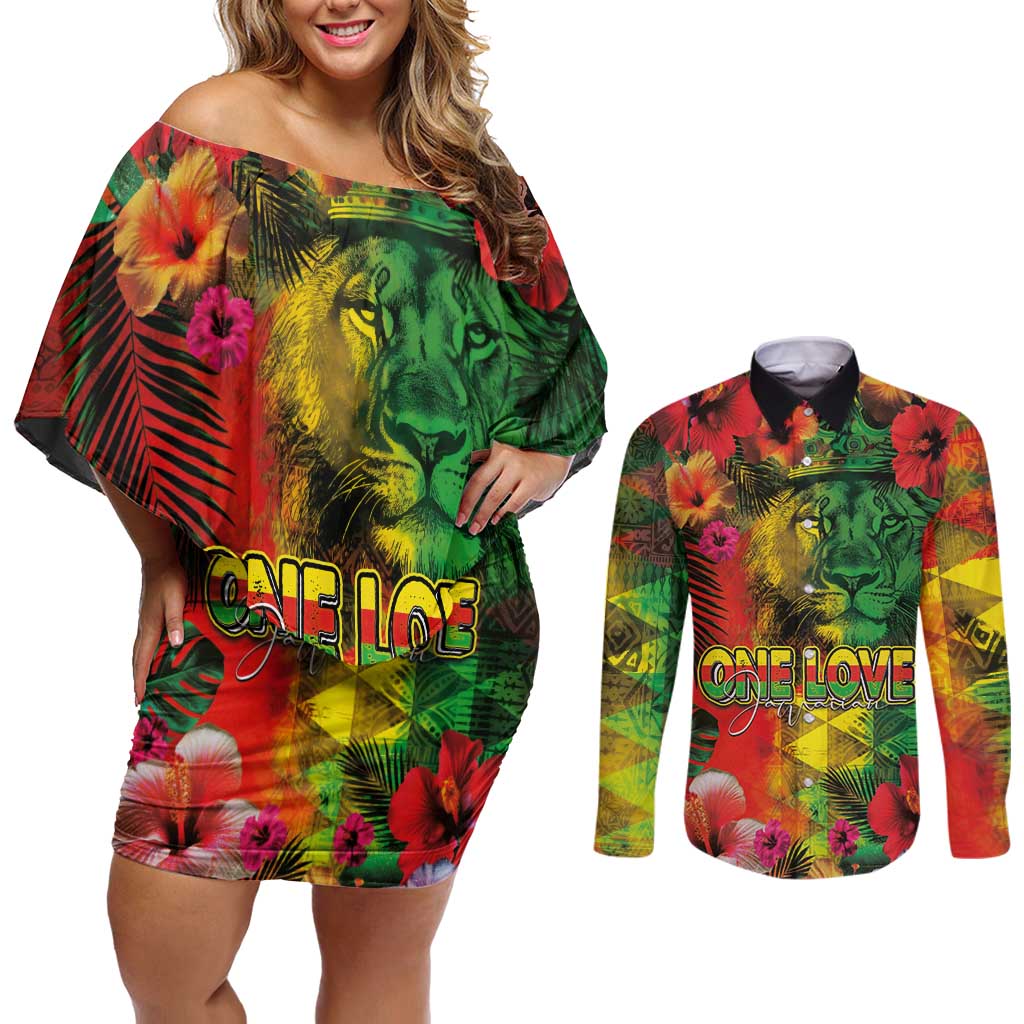 Hawaiian Reggae Couples Matching Off Shoulder Short Dress and Long Sleeve Button Shirt Tropical Plants and Tribal Kakau Tattoo-One Love Jawaiian