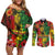 Hawaiian Reggae Couples Matching Off Shoulder Short Dress and Long Sleeve Button Shirt Tropical Plants and Tribal Kakau Tattoo-One Love Jawaiian