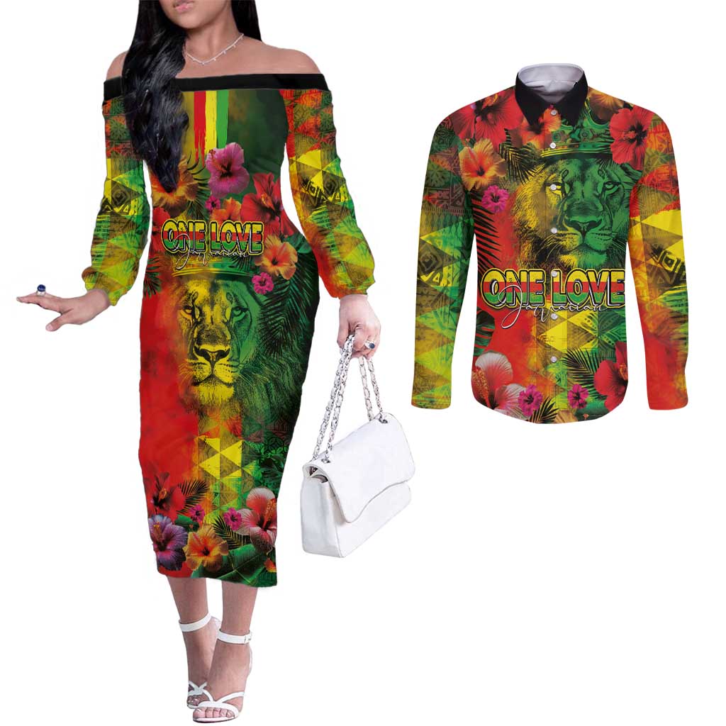 Hawaiian Reggae Couples Matching Off The Shoulder Long Sleeve Dress and Long Sleeve Button Shirt Tropical Plants and Tribal Kakau Tattoo-One Love Jawaiian