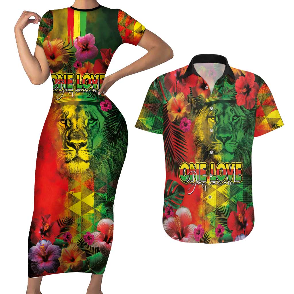 Hawaiian Reggae Couples Matching Short Sleeve Bodycon Dress and Hawaiian Shirt Tropical Plants and Tribal Kakau Tattoo-One Love Jawaiian