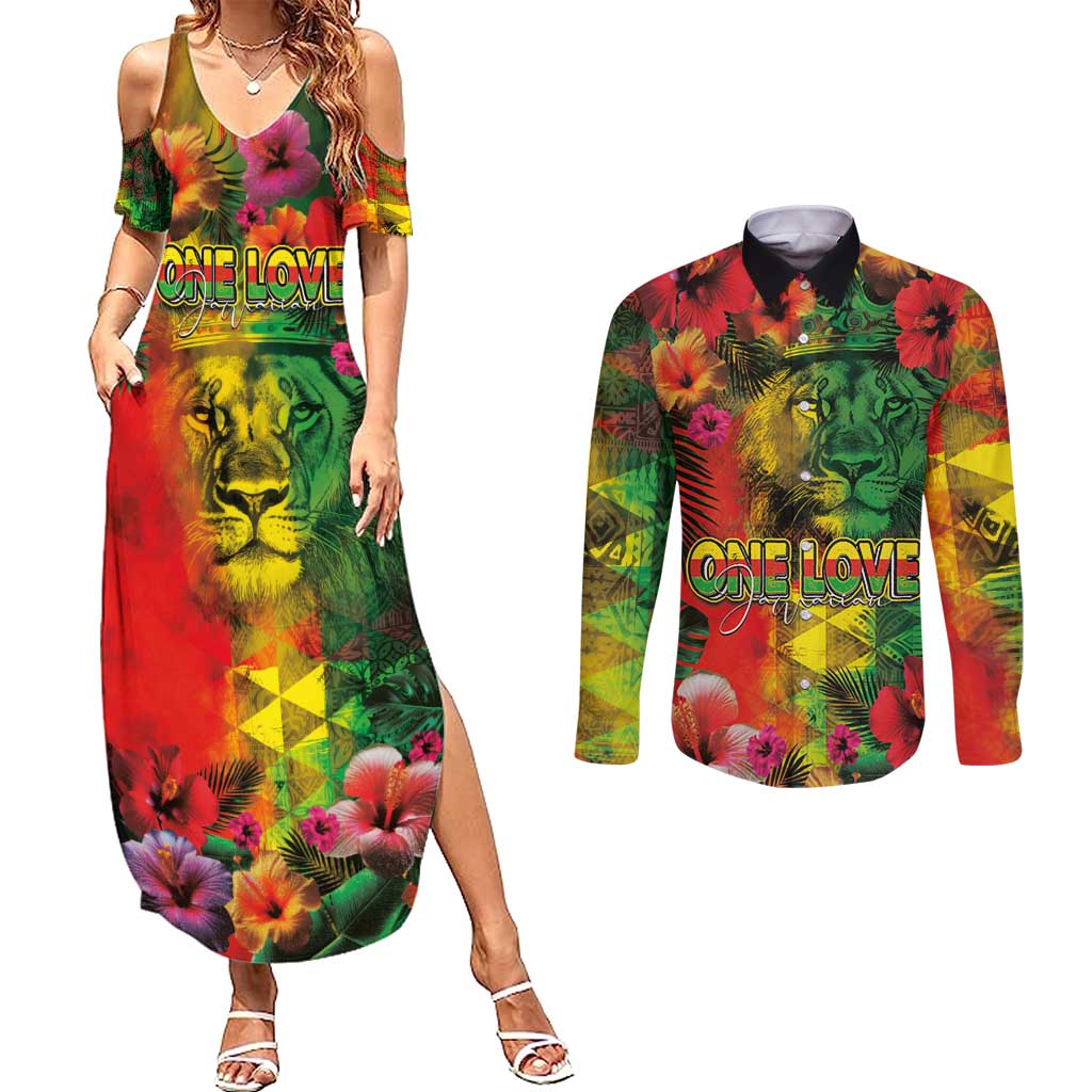 Hawaiian Reggae Couples Matching Summer Maxi Dress and Long Sleeve Button Shirt Tropical Plants and Tribal Kakau Tattoo-One Love Jawaiian