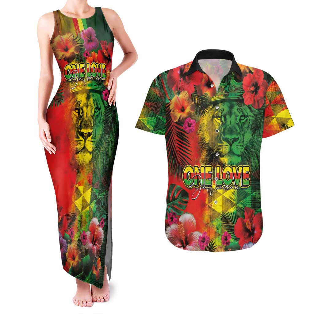 Hawaiian Reggae Couples Matching Tank Maxi Dress and Hawaiian Shirt Tropical Plants and Tribal Kakau Tattoo-One Love Jawaiian