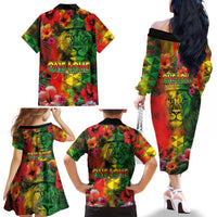Hawaiian Reggae Family Matching Off The Shoulder Long Sleeve Dress and Hawaiian Shirt Tropical Plants and Tribal Kakau Tattoo-One Love Jawaiian