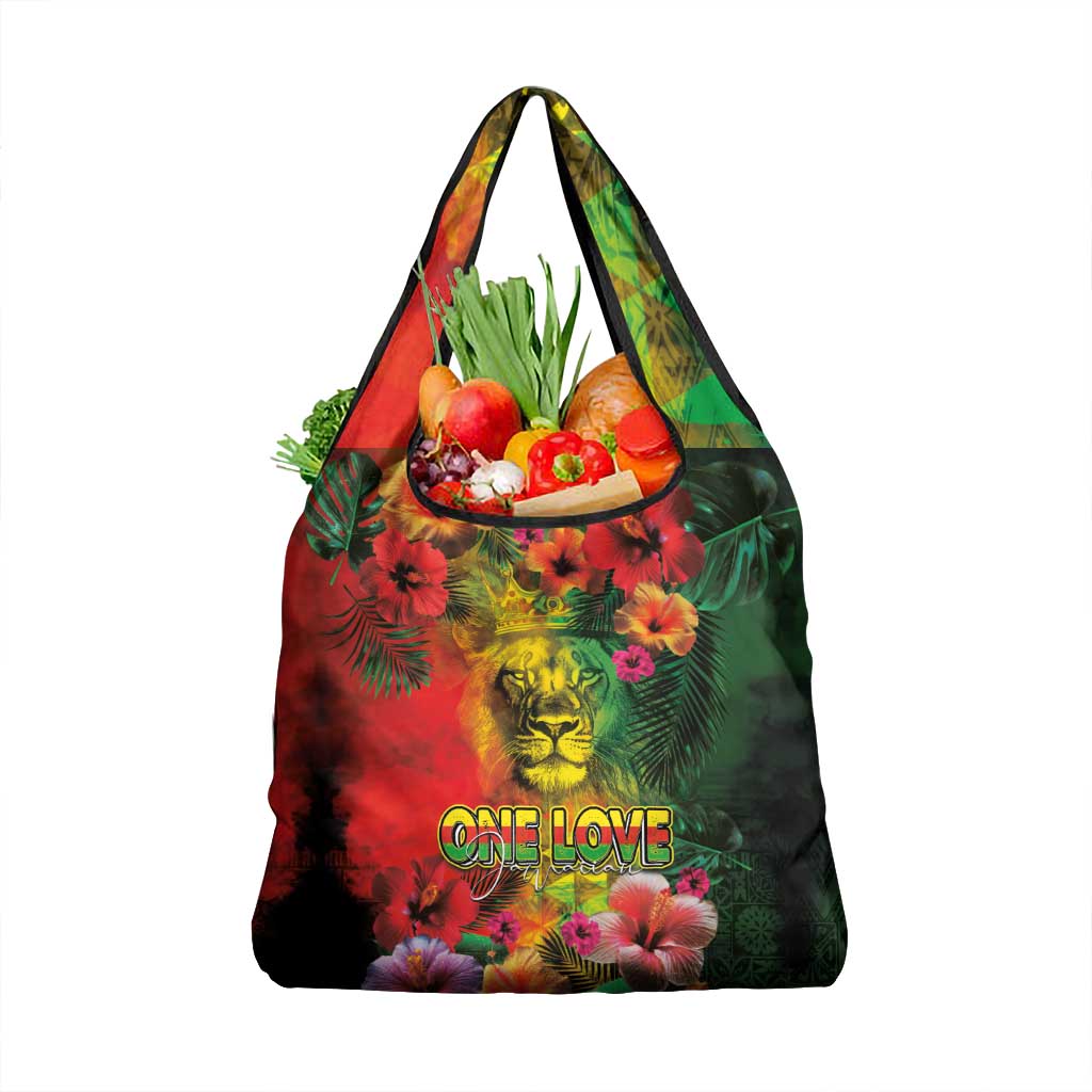 Hawaiian Reggae Grocery Bag Tropical Plants and Tribal Kakau Tattoo-One Love Jawaiian