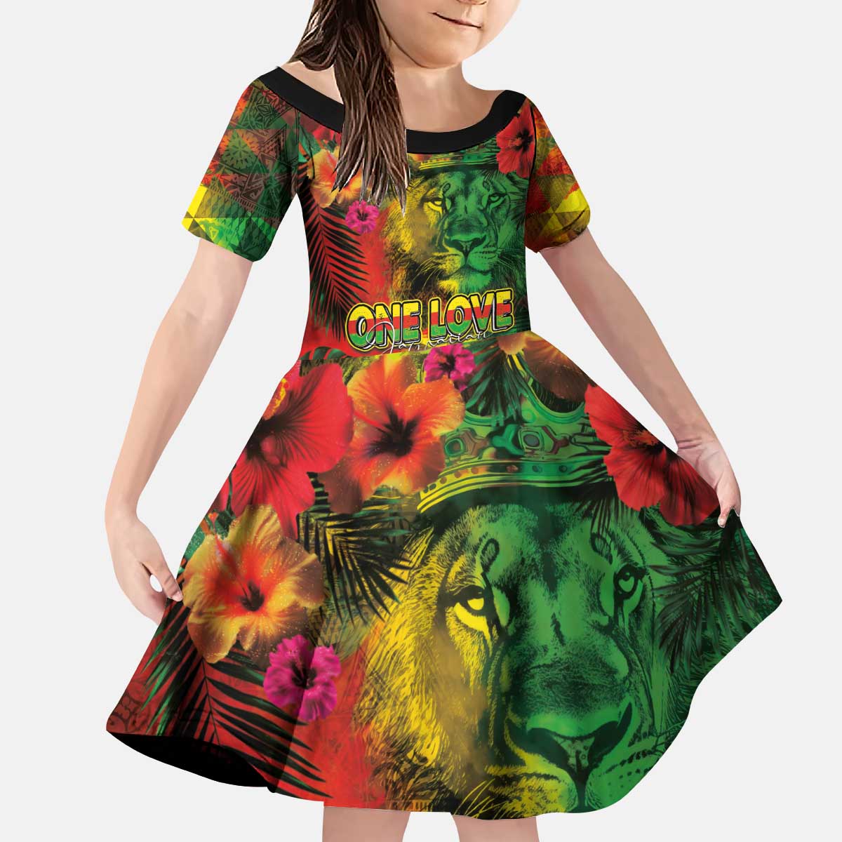 Hawaiian Reggae Kid Short Sleeve Dress Tropical Plants and Tribal Kakau Tattoo-One Love Jawaiian LT03 KID Reggae - Polynesian Pride
