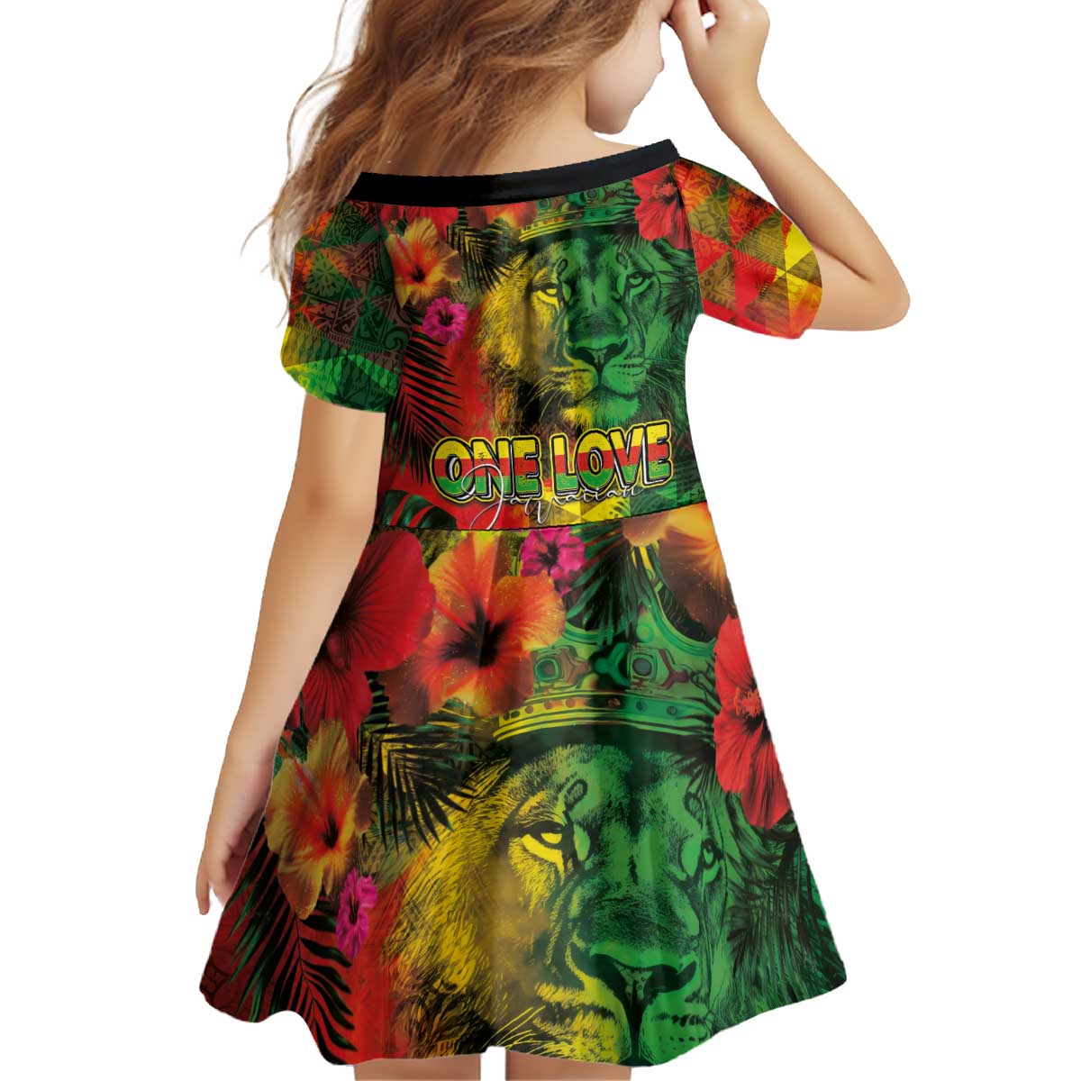Hawaiian Reggae Kid Short Sleeve Dress Tropical Plants and Tribal Kakau Tattoo-One Love Jawaiian LT03 - Polynesian Pride