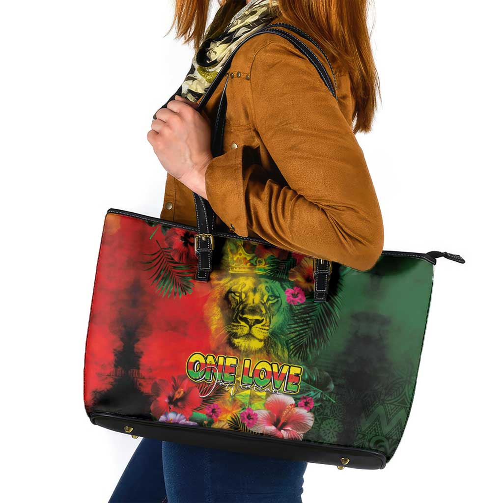 Hawaiian Reggae Leather Tote Bag Tropical Plants and Tribal Kakau Tattoo-One Love Jawaiian