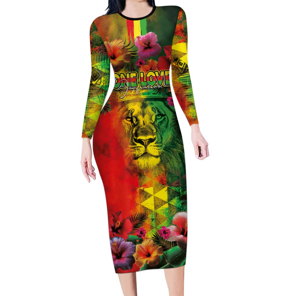 Hawaiian Reggae Long Sleeve Bodycon Dress Tropical Plants and Tribal Kakau Tattoo-One Love Jawaiian