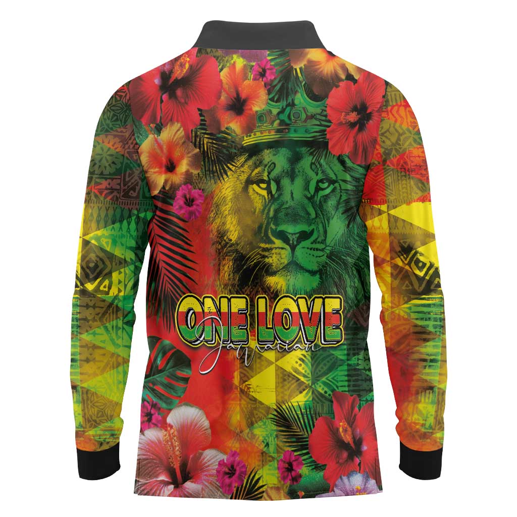 Hawaiian Reggae Long Sleeve Polo Shirt Tropical Plants and Tribal Kakau Tattoo-One Love Jawaiian LT03 - Polynesian Pride