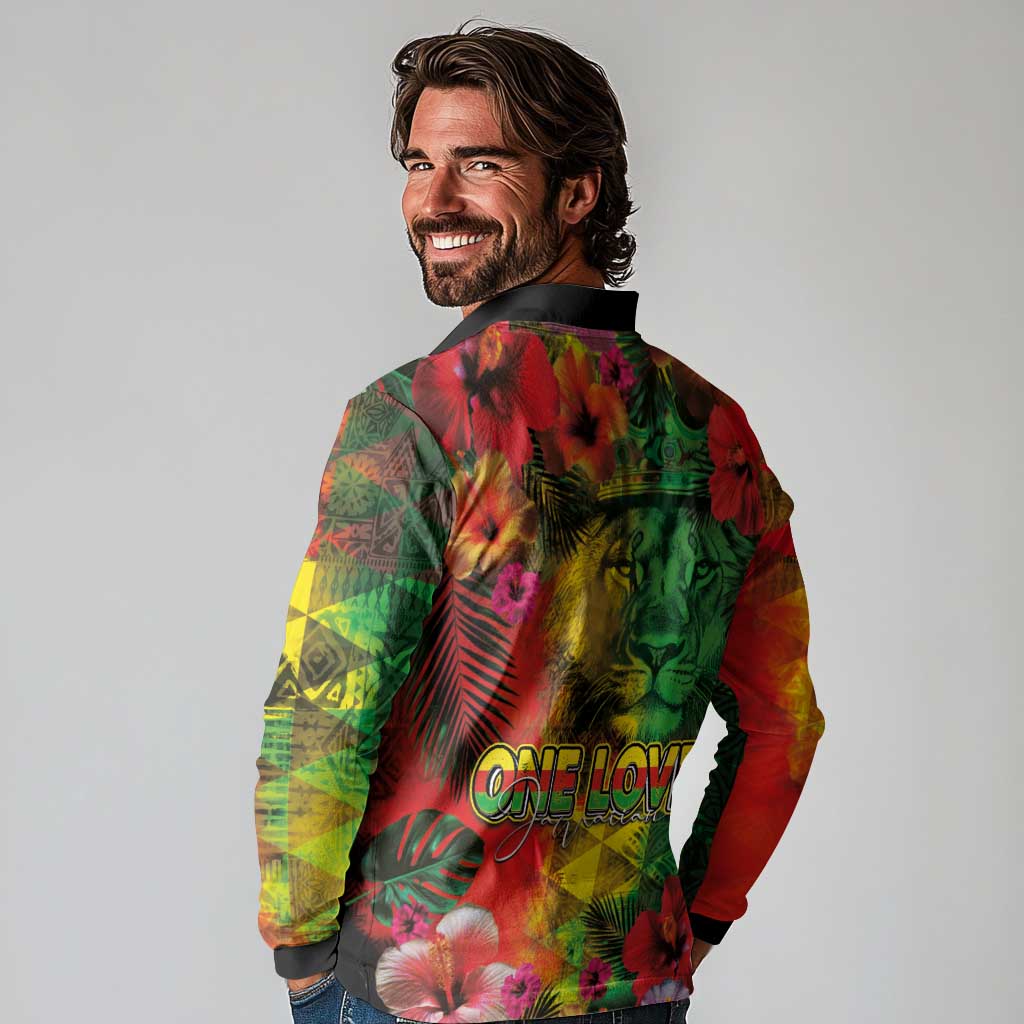 Hawaiian Reggae Long Sleeve Polo Shirt Tropical Plants and Tribal Kakau Tattoo-One Love Jawaiian LT03 - Polynesian Pride