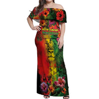 Hawaiian Reggae Off Shoulder Maxi Dress Tropical Plants and Tribal Kakau Tattoo-One Love Jawaiian LT03 Women Reggae - Polynesian Pride