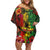 Hawaiian Reggae Off Shoulder Short Dress Tropical Plants and Tribal Kakau Tattoo-One Love Jawaiian