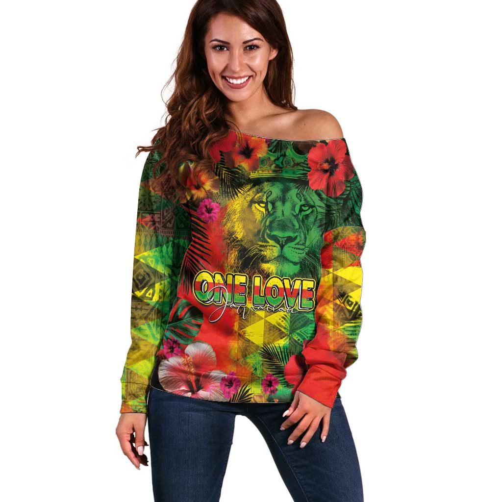 Hawaiian Reggae Off Shoulder Sweater Tropical Plants and Tribal Kakau Tattoo-One Love Jawaiian