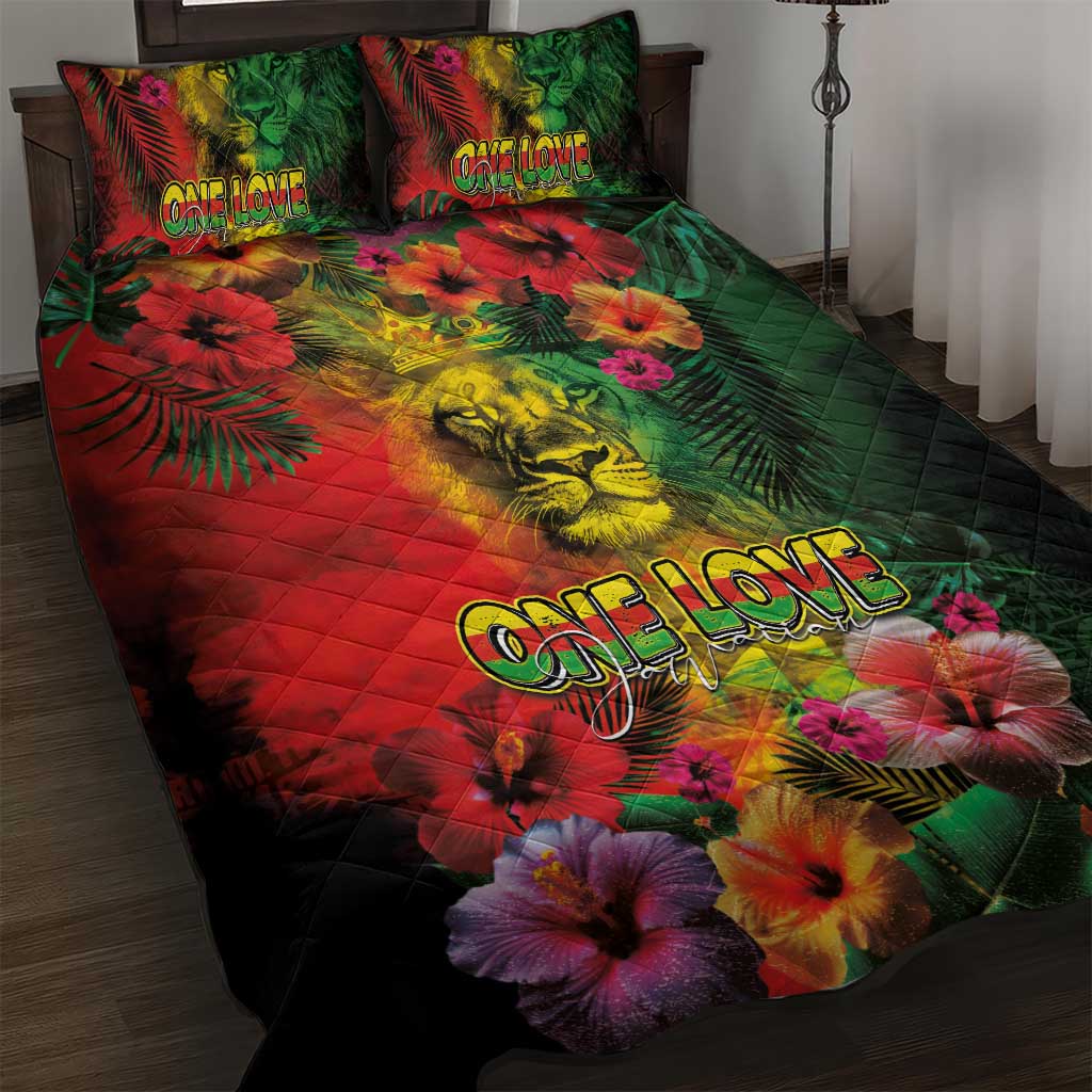 Hawaiian Reggae Quilt Bed Set Tropical Plants and Tribal Kakau Tattoo-One Love Jawaiian