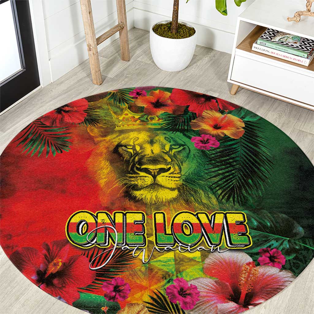 Hawaiian Reggae Round Carpet Tropical Plants and Tribal Kakau Tattoo-One Love Jawaiian