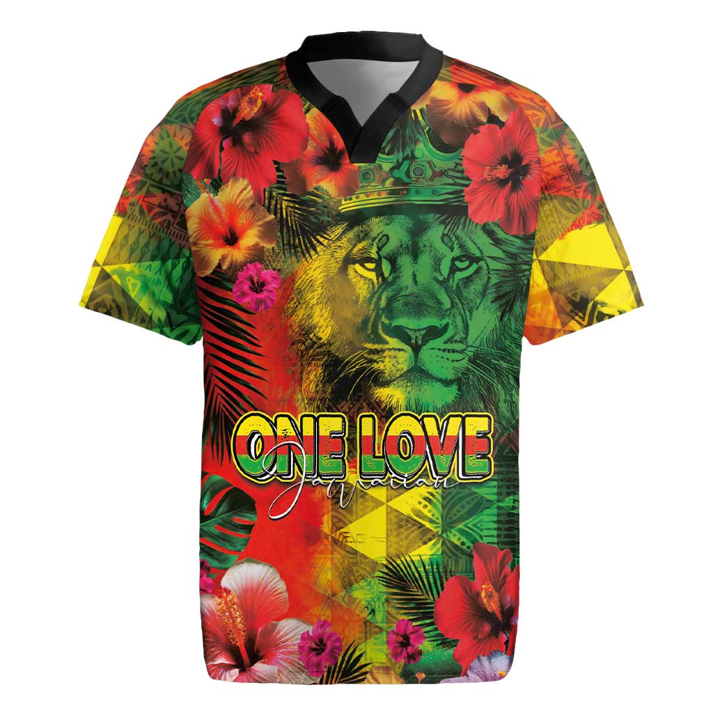 Hawaiian Reggae Rugby Jersey Tropical Plants and Tribal Kakau Tattoo-One Love Jawaiian