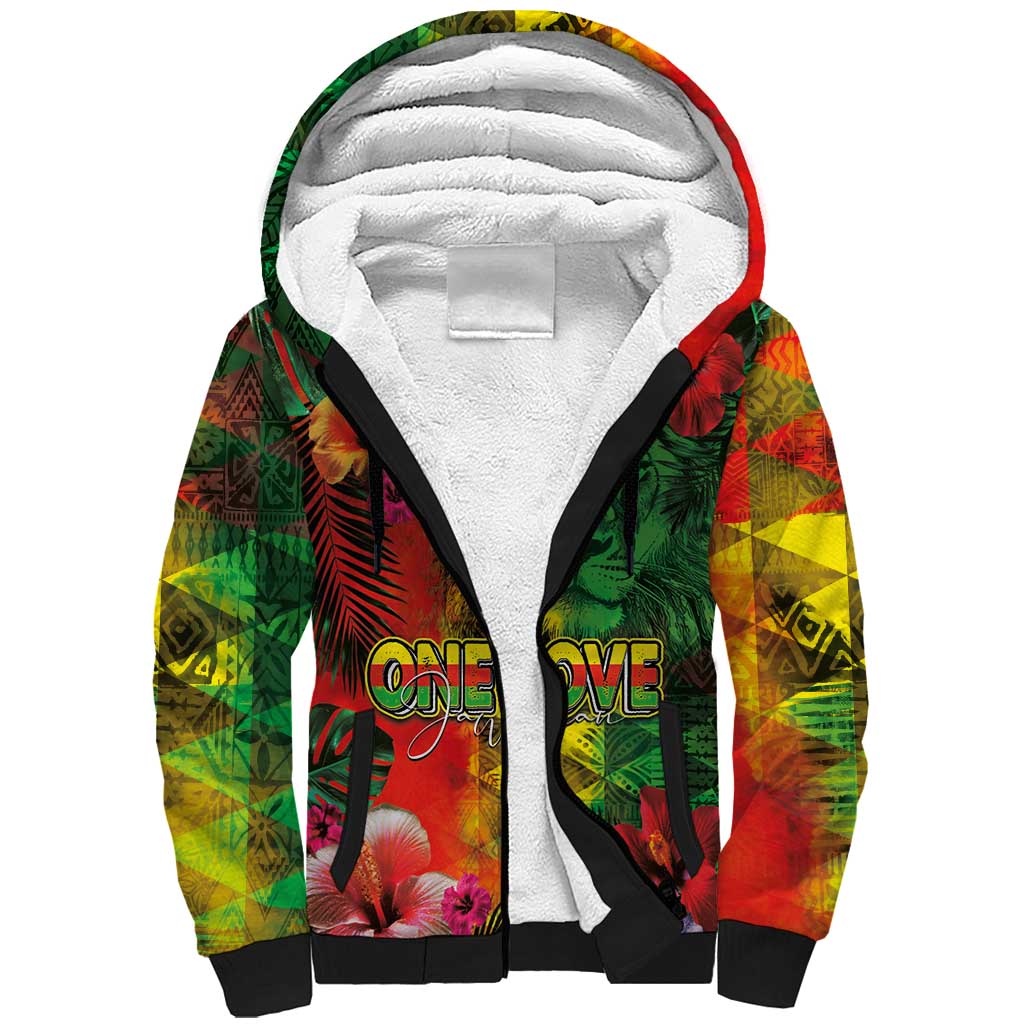 Hawaiian Reggae Sherpa Hoodie Tropical Plants and Tribal Kakau Tattoo-One Love Jawaiian