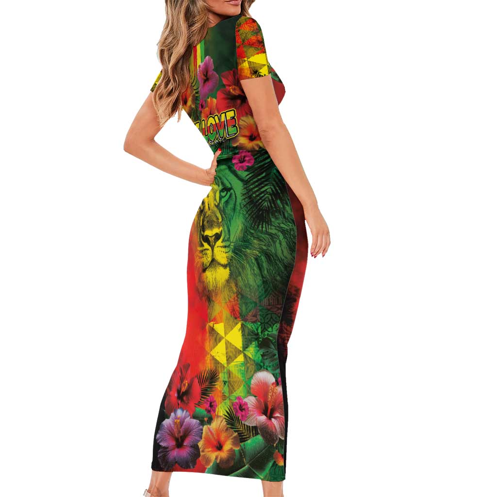 Hawaiian Reggae Short Sleeve Bodycon Dress Tropical Plants and Tribal Kakau Tattoo-One Love Jawaiian