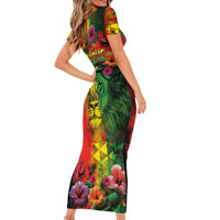 Hawaiian Reggae Short Sleeve Bodycon Dress Tropical Plants and Tribal Kakau Tattoo-One Love Jawaiian