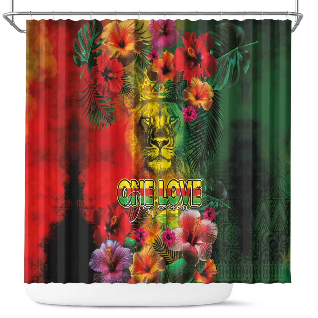 Hawaiian Reggae Shower Curtain Tropical Plants and Tribal Kakau Tattoo-One Love Jawaiian