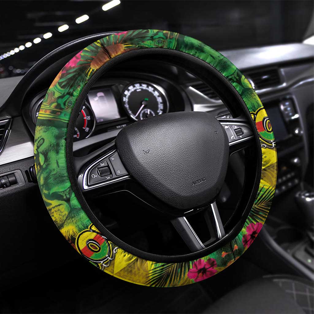 Hawaiian Reggae Steering Wheel Cover Tropical Plants and Tribal Kakau Tattoo-One Love Jawaiian