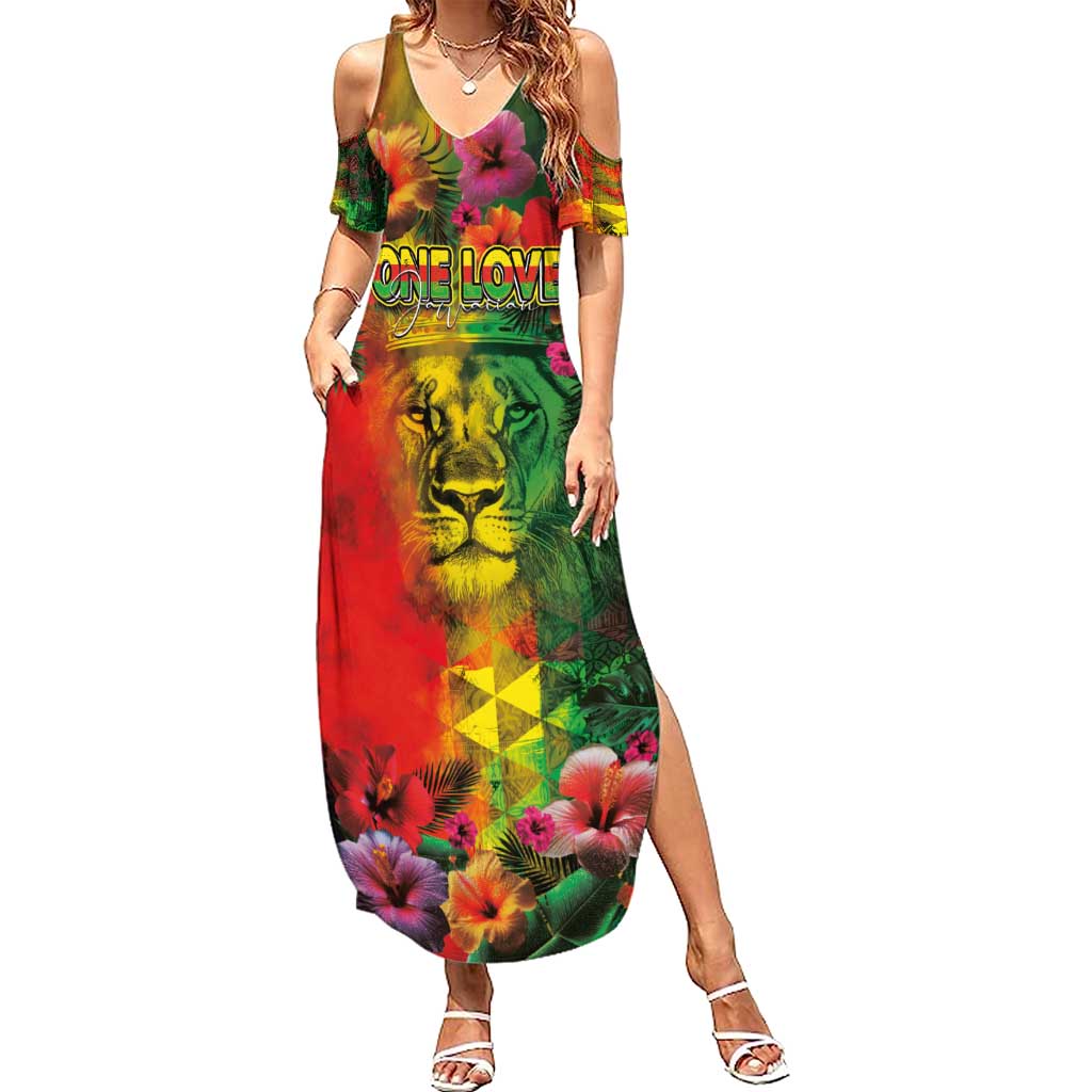 Hawaiian Reggae Summer Maxi Dress Tropical Plants and Tribal Kakau Tattoo-One Love Jawaiian