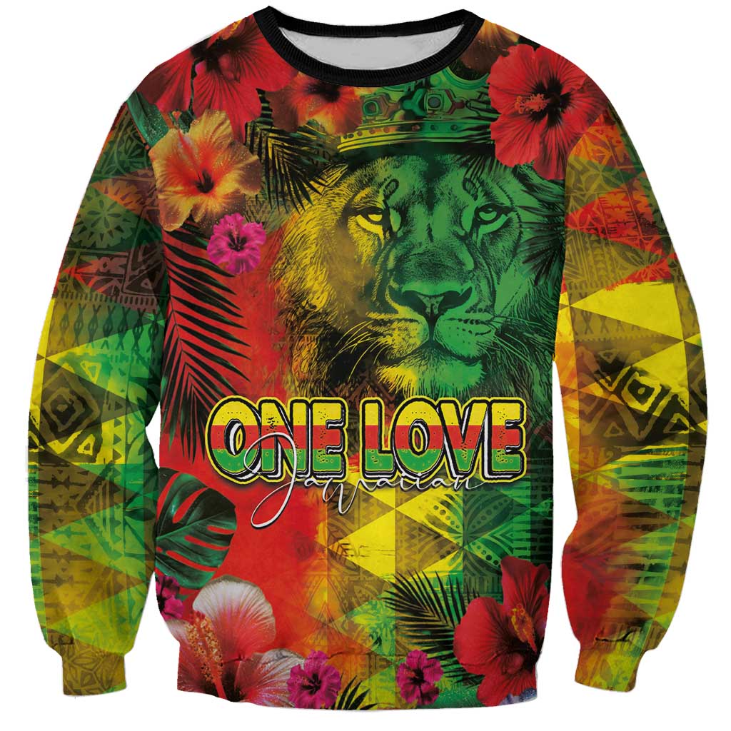 Hawaiian Reggae Sweatshirt Tropical Plants and Tribal Kakau Tattoo-One Love Jawaiian