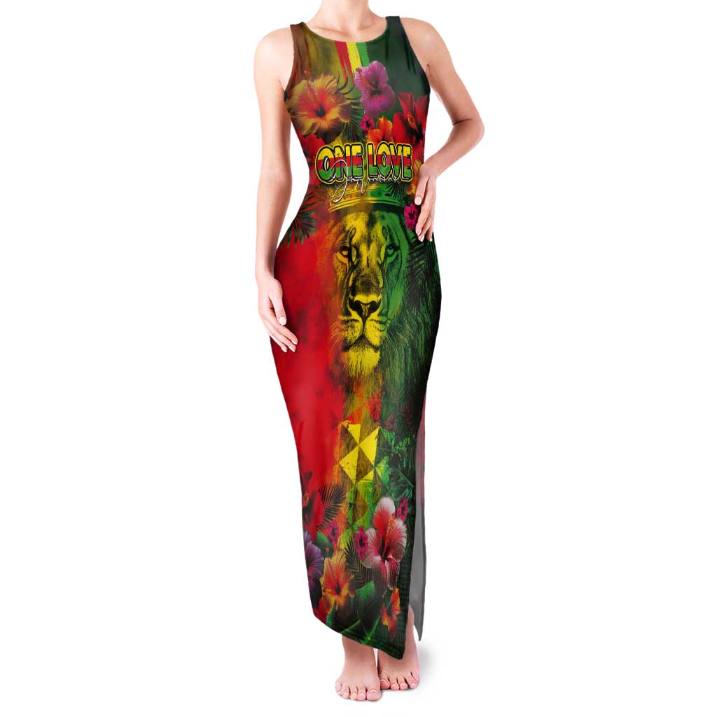 Hawaiian Reggae Tank Maxi Dress Tropical Plants and Tribal Kakau Tattoo-One Love Jawaiian