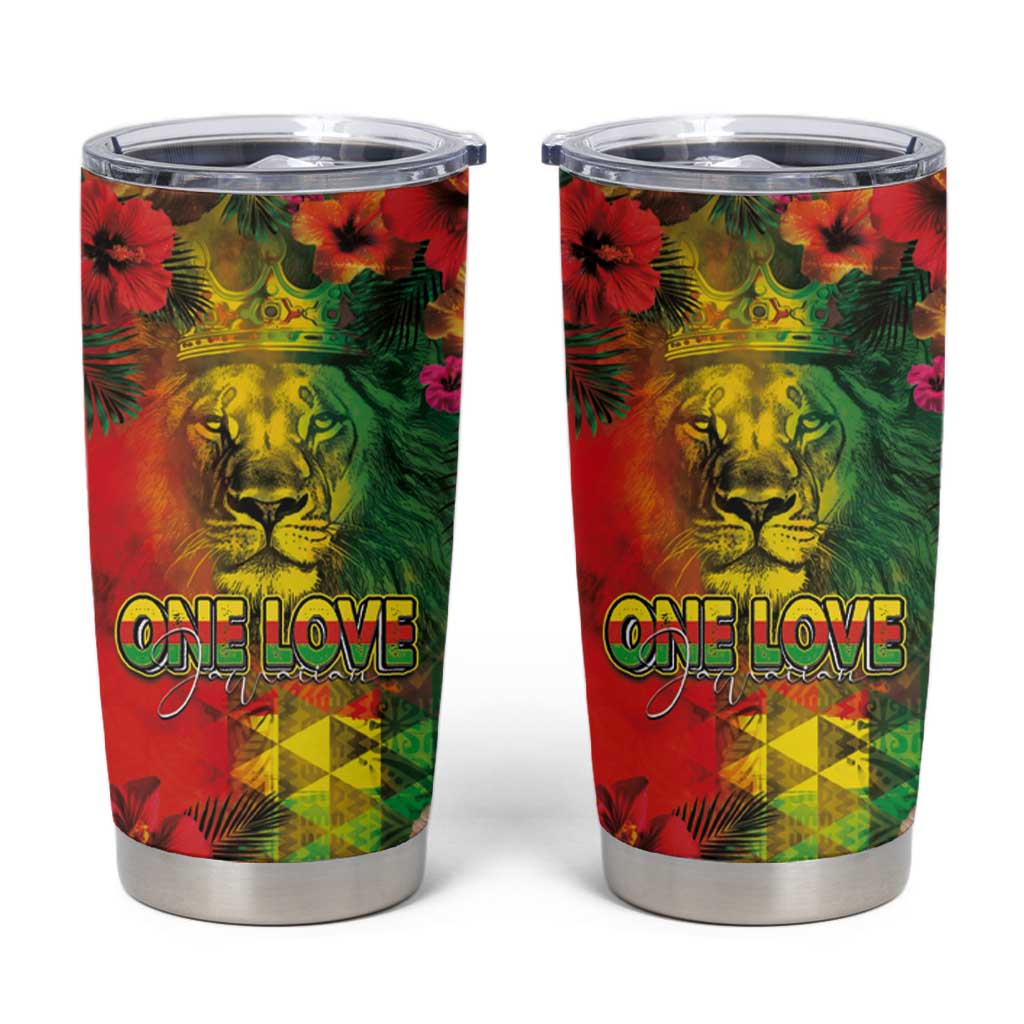 Hawaiian Reggae Tumbler Cup Tropical Plants and Tribal Kakau Tattoo-One Love Jawaiian