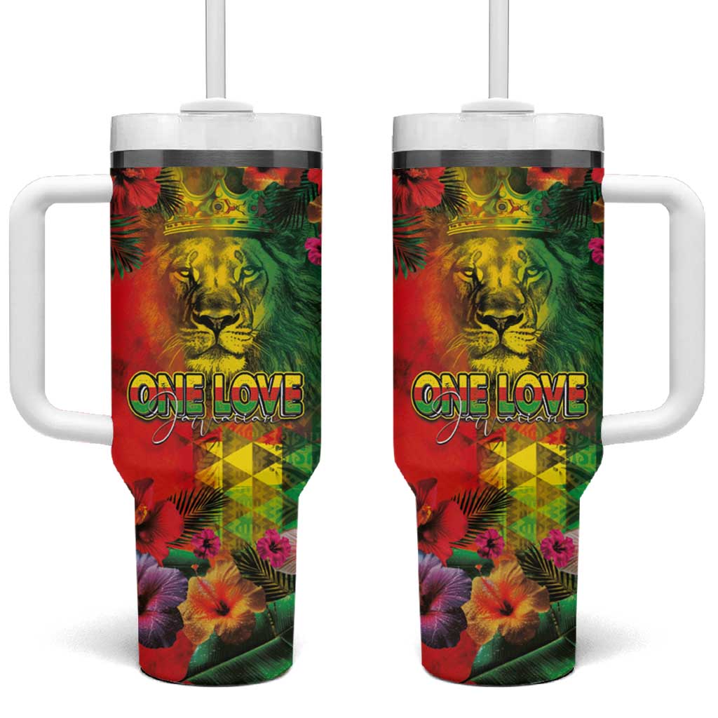 Hawaiian Reggae Tumbler With Handle Tropical Plants and Tribal Kakau Tattoo-One Love Jawaiian