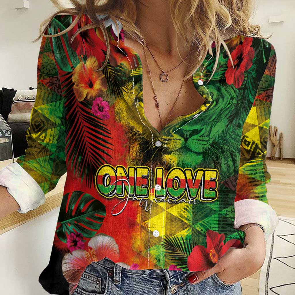 Hawaiian Reggae Women Casual Shirt Tropical Plants and Tribal Kakau Tattoo-One Love Jawaiian