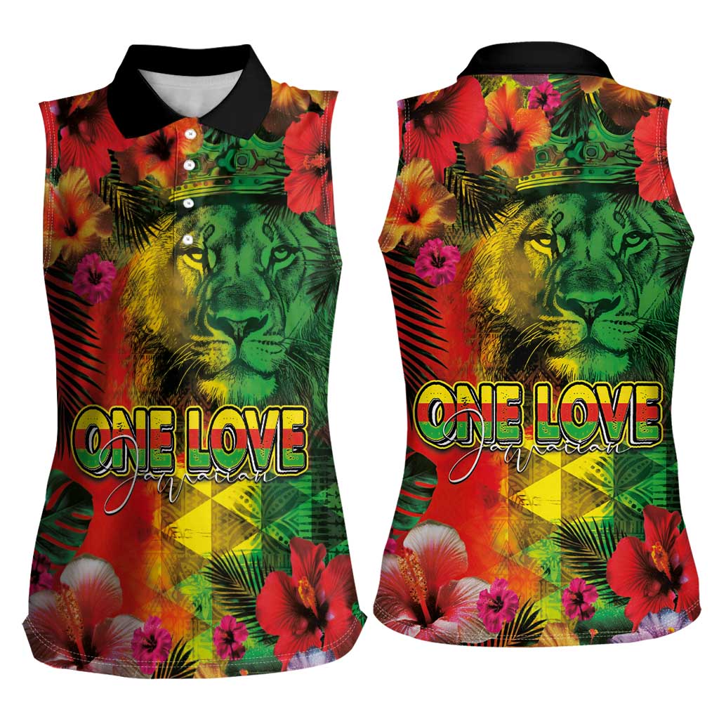 Hawaiian Reggae Women Sleeveless Polo Shirt Tropical Plants and Tribal Kakau Tattoo-One Love Jawaiian LT03 - Polynesian Pride