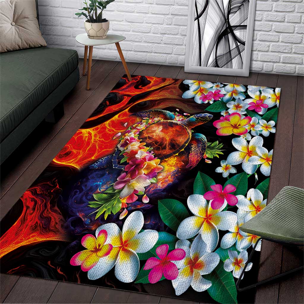 Hawaiian Lei Day Area Rug Colorful Plumeria and Volcanic Turtle with Abstract Lava Texture