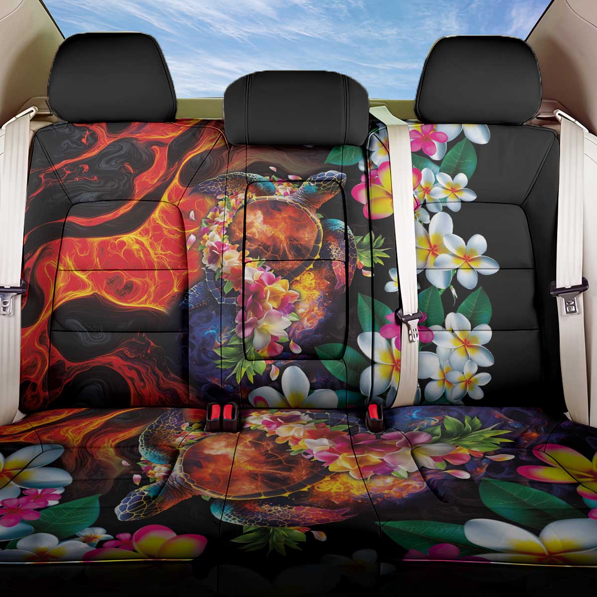 Hawaiian Lei Day Back Car Seat Cover Colorful Plumeria and Volcanic Turtle with Abstract Lava Texture