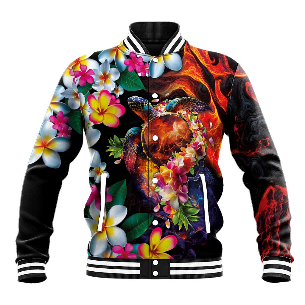 Hawaiian Lei Day Baseball Jacket Colorful Plumeria and Volcanic Turtle with Abstract Lava Texture