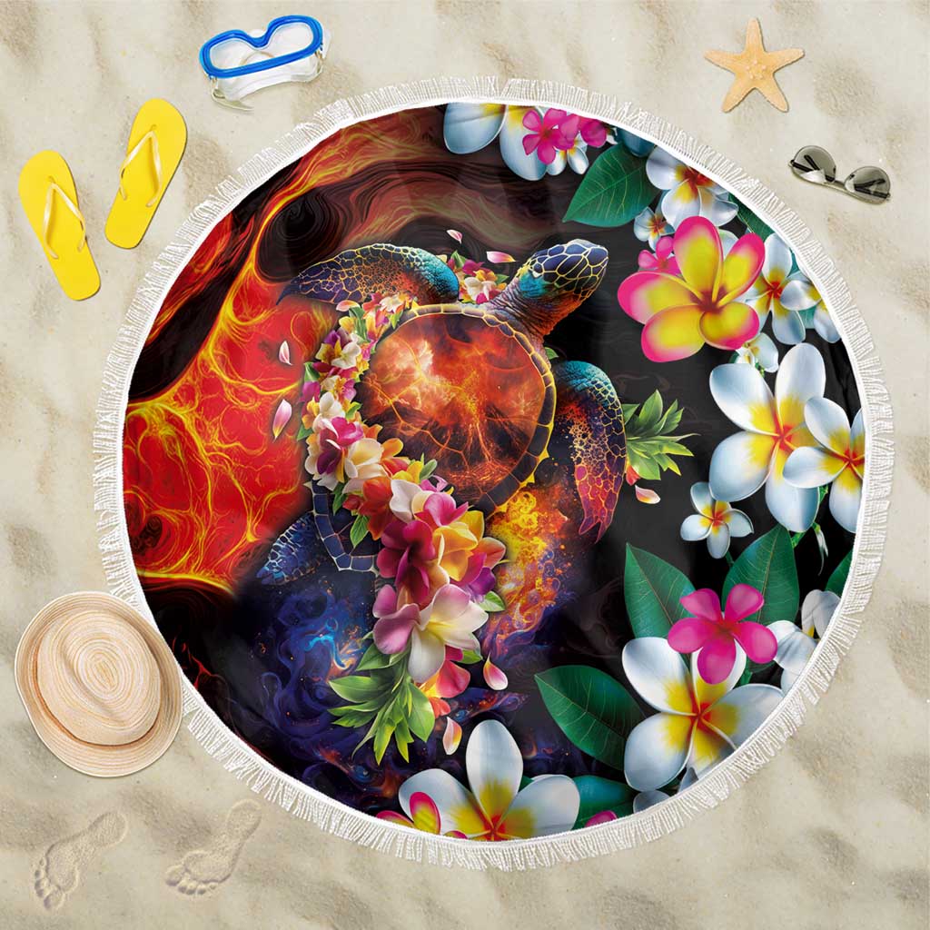 Hawaiian Lei Day Beach Blanket Colorful Plumeria and Volcanic Turtle with Abstract Lava Texture