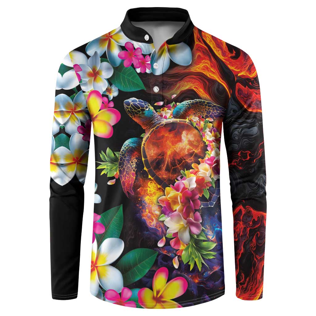 Hawaiian Lei Day Button Sweatshirt Colorful Plumeria and Volcanic Turtle with Abstract Lava Texture