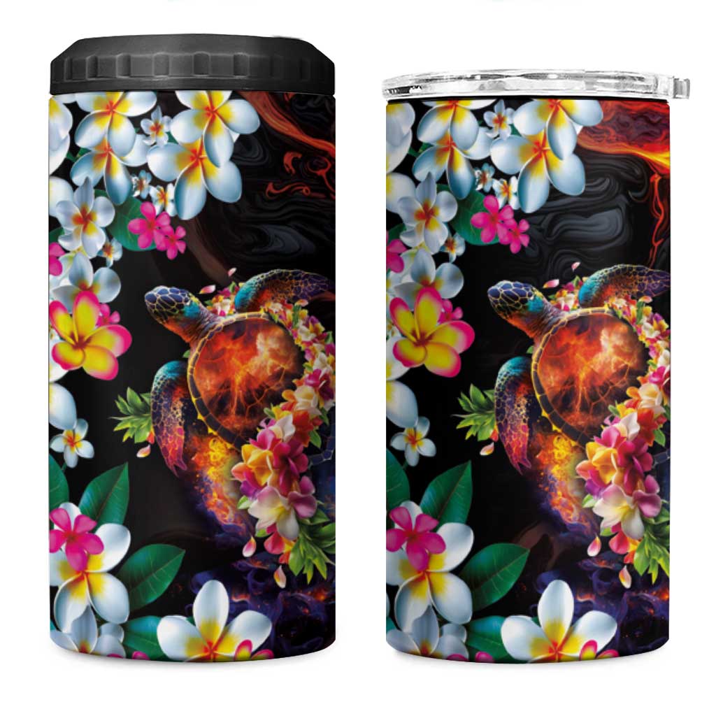 Hawaiian Lei Day 4 in 1 Can Cooler Tumbler Colorful Plumeria and Volcanic Turtle with Abstract Lava Texture