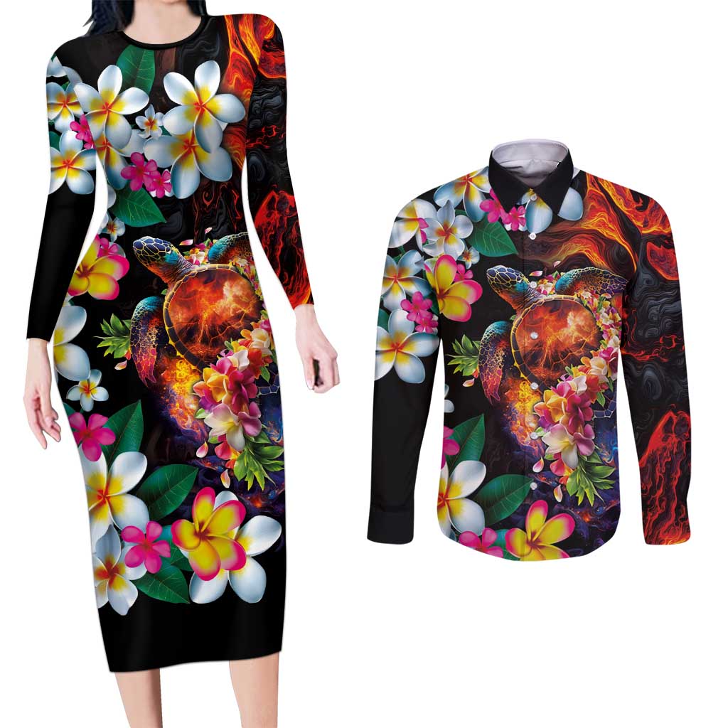 Hawaiian Lei Day Couples Matching Long Sleeve Bodycon Dress and Long Sleeve Button Shirt Colorful Plumeria and Volcanic Turtle with Abstract Lava Texture