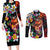 Hawaiian Lei Day Couples Matching Long Sleeve Bodycon Dress and Long Sleeve Button Shirt Colorful Plumeria and Volcanic Turtle with Abstract Lava Texture