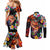 Hawaiian Lei Day Couples Matching Mermaid Dress and Long Sleeve Button Shirt Colorful Plumeria and Volcanic Turtle with Abstract Lava Texture