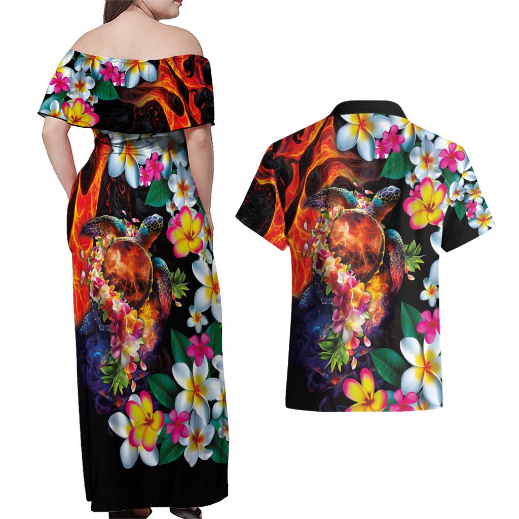 Hawaiian Lei Day Couples Matching Off Shoulder Maxi Dress and Hawaiian Shirt Colorful Plumeria and Volcanic Turtle with Abstract Lava Texture
