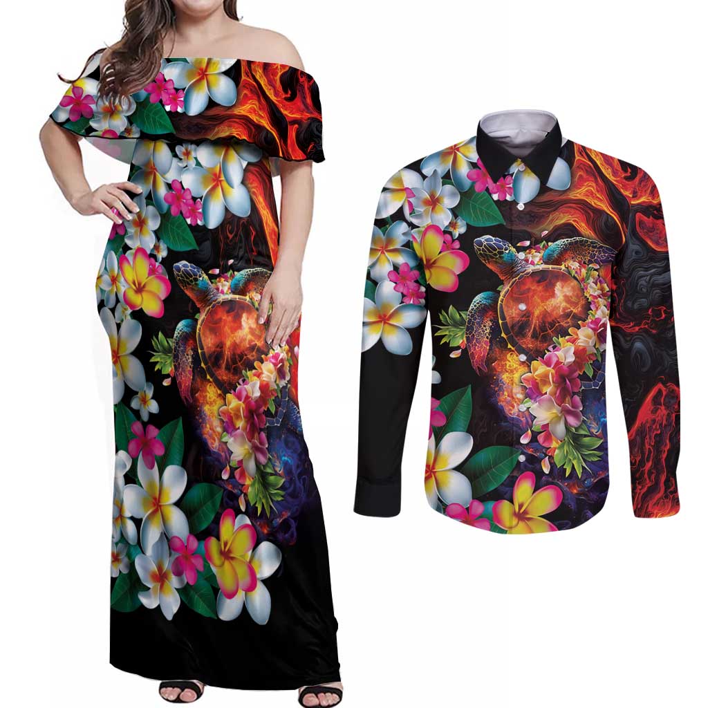 Hawaiian Lei Day Couples Matching Off Shoulder Maxi Dress and Long Sleeve Button Shirt Colorful Plumeria and Volcanic Turtle with Abstract Lava Texture