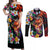 Hawaiian Lei Day Couples Matching Off Shoulder Maxi Dress and Long Sleeve Button Shirt Colorful Plumeria and Volcanic Turtle with Abstract Lava Texture