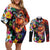 Hawaiian Lei Day Couples Matching Off Shoulder Short Dress and Long Sleeve Button Shirt Colorful Plumeria and Volcanic Turtle with Abstract Lava Texture