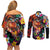 Hawaiian Lei Day Couples Matching Off Shoulder Short Dress and Long Sleeve Button Shirt Colorful Plumeria and Volcanic Turtle with Abstract Lava Texture