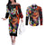 Hawaiian Lei Day Couples Matching Off The Shoulder Long Sleeve Dress and Long Sleeve Button Shirt Colorful Plumeria and Volcanic Turtle with Abstract Lava Texture