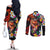 Hawaiian Lei Day Couples Matching Off The Shoulder Long Sleeve Dress and Long Sleeve Button Shirt Colorful Plumeria and Volcanic Turtle with Abstract Lava Texture