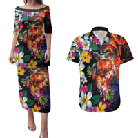 Hawaiian Lei Day Couples Matching Puletasi and Hawaiian Shirt Colorful Plumeria and Volcanic Turtle with Abstract Lava Texture