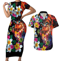 Hawaiian Lei Day Couples Matching Short Sleeve Bodycon Dress and Hawaiian Shirt Colorful Plumeria and Volcanic Turtle with Abstract Lava Texture